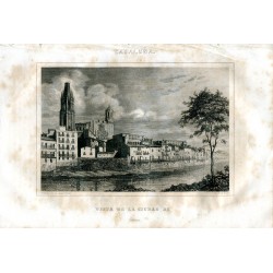 Cataluña. Vista de la ciudad de Gerona. Grabado por A.Roca sacado con el daguerrotipo en 1864.