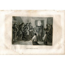 Exorcism of Carlos II, engraving by Lechar, Vazquez printed in 1863