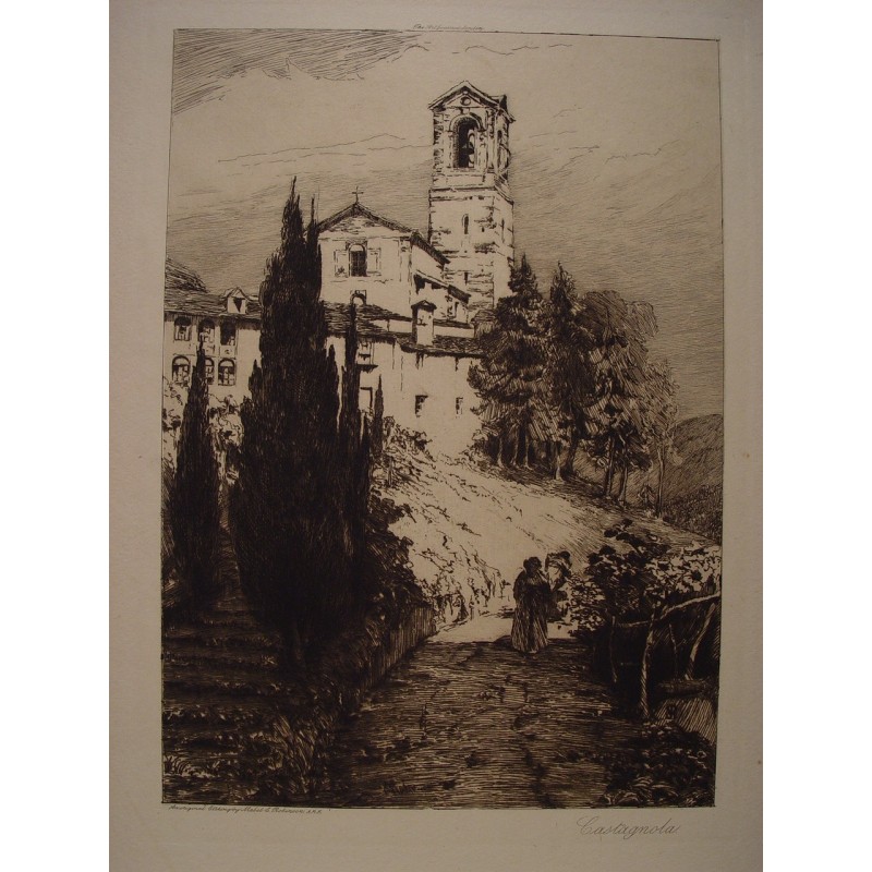 Suiza. Castagnola.  Dibujó y grabó F. Mabel C. Robinson conocida como. Mabel Catherine Robinson Barnes.