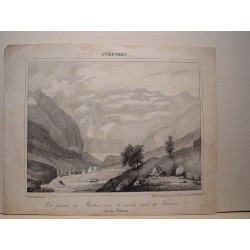 Litografía antigua de Hautes Pyrénées, Marboré tomada del segundo puente de Gavarnie (1828)
