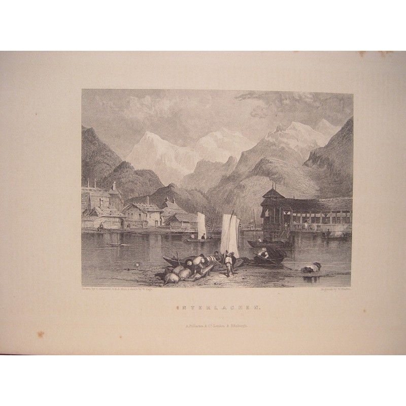 Interlaken, Svizzera. Antica incisione su acciaio, c. 1833.