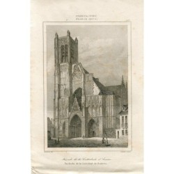 France. Facade of Auxerre Cathedral, engraved by Lemaitre after a drawing by Gaucherel.