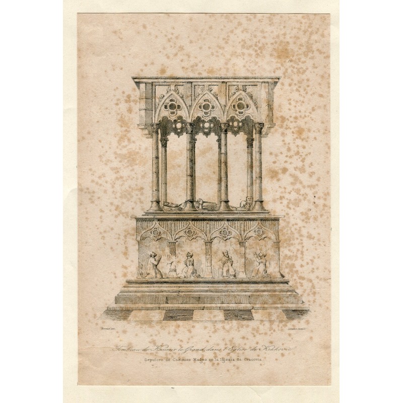 Pologne.Tombeau de Kasimir le Grand dans l'église de Krakovie gravure du XIXe siècle. Lemercier.