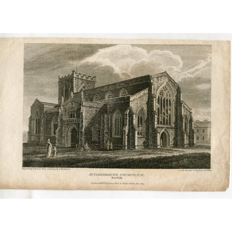 Angleterre. Église d'Attleborough, gravée en 1809 par T. Bonnor
