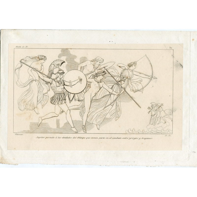 Iliade. Flaxman. Pi e Margall. Giove permette alle divinità dell'Olimpo di andare alla battaglia tra Greci e Troiani.
