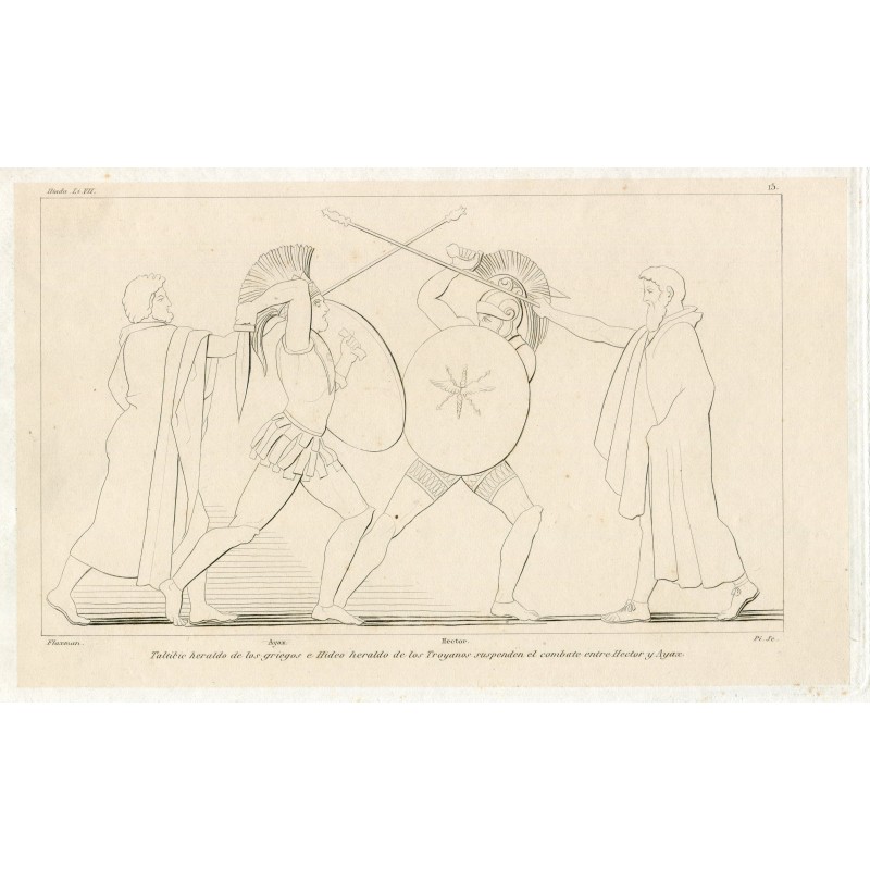 Iliade. Taltibico e Ideo sospendono il combattimento tra Ettore e Aiace. Incisione di Pi y Margall, disegno di Flaxman