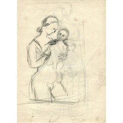 José Lopez Guntín. Dessin d'une mère avec son enfant. Au dos, un autre dessin de femme.