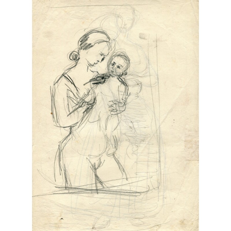 José Lopez Guntín. Dessin d'une mère avec son enfant. Au dos, un autre dessin de femme.