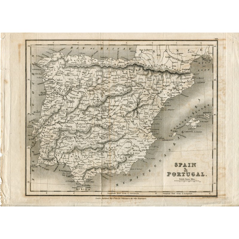 Mappa di Spagna e Portogallo - J. Mawman - stampa del 1821