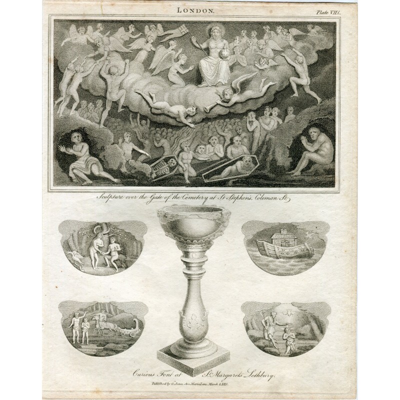Scultura sopra il cancello del cimitero di St. Stephen's Coleman St. e curiosa fonte battesimale a St. Margarets Lothbury