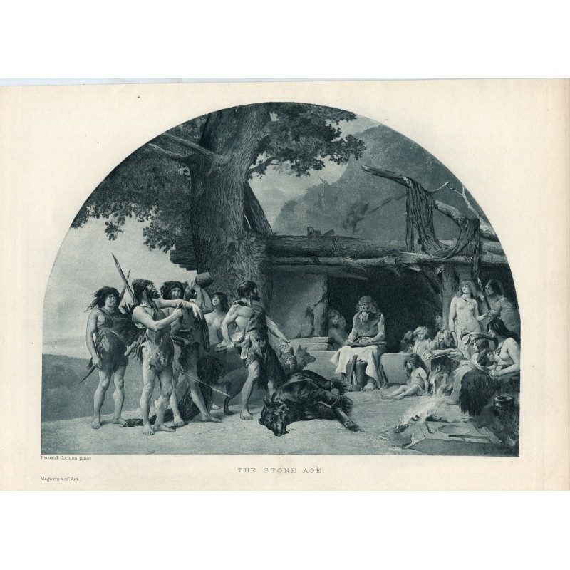 L'âge de pierre, retour d'une chasse à l'ours - gravure de 1882