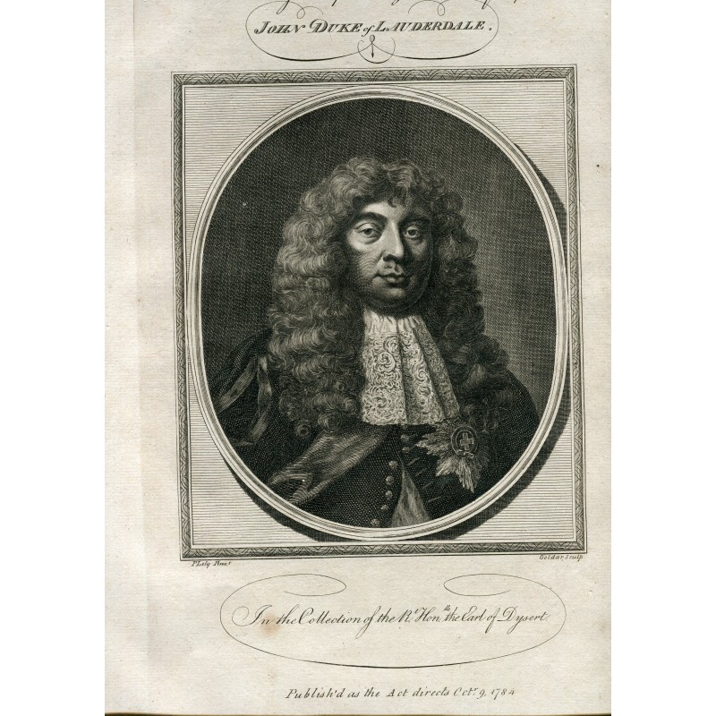 Portrait de John Maitland, duc de L. Auderdale, gravé par John Goldar en 1784 d'après une œuvre de Peter Lely