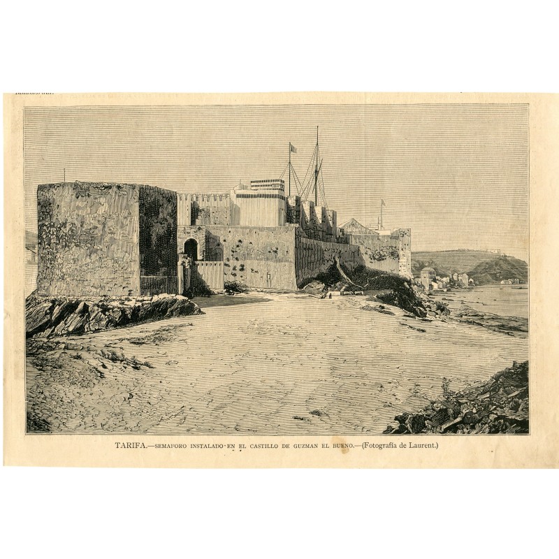 Tarifa. Feu tricolore installé au château de Guzmán el Bueno. Gravure sur bois.