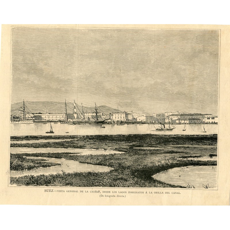 Égypte. Suez. Vue générale de la ville depuis les lacs adjacents à la rive du canal. Gravure sur bois de 1882.