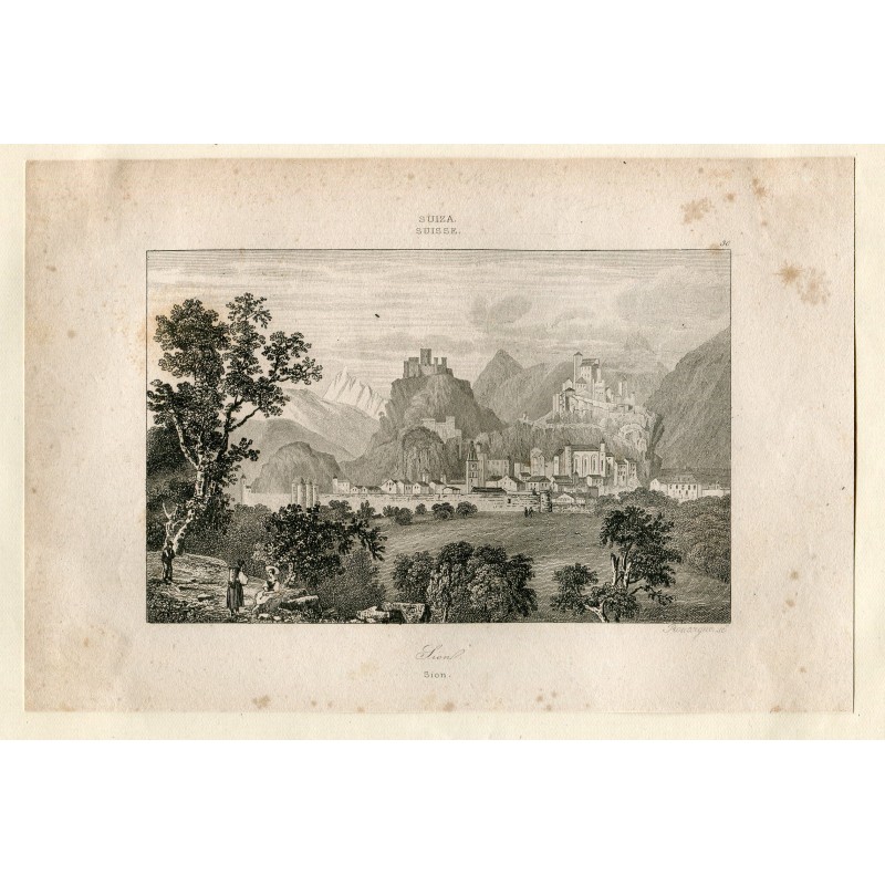 Suisse. Vue de Sion, canton du Valais, gravée par Rouargue au XIXe siècle.