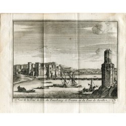 Séville. Vue de la Torre del Oro, du quartier de Triana et du pont de Séville. Gravure de Vander Aa, 1715.
