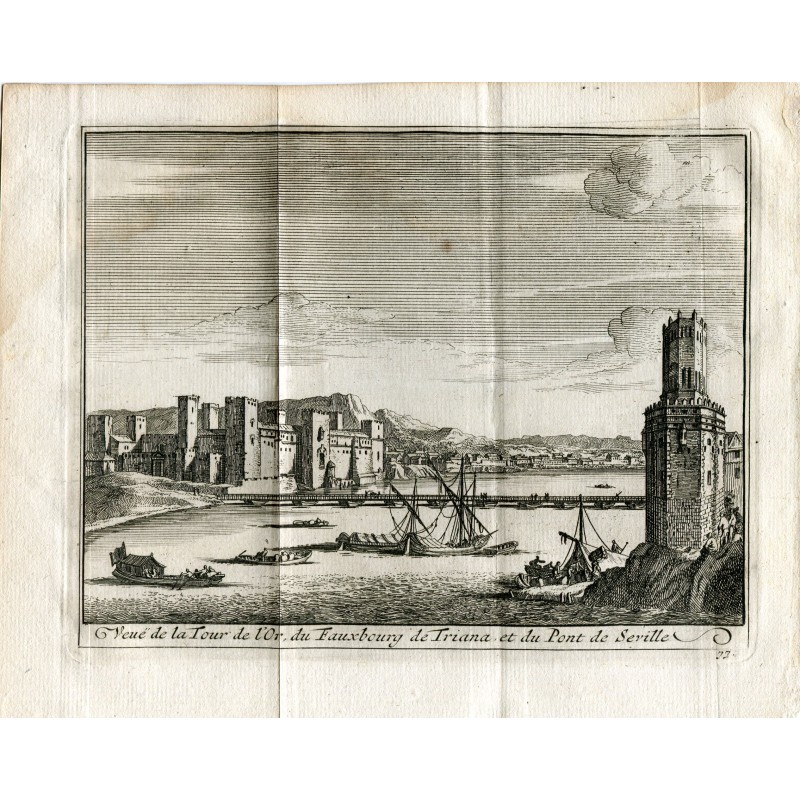Siviglia. Veduta della Torre del Oro, del quartiere di Triana e del Ponte di Siviglia. Incisione di Vander Aa, 1715.
