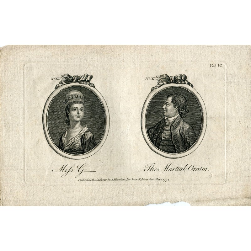 Incisione di Miss G. e The Martial Orator pubblicata da A. Hamilton nel 1774