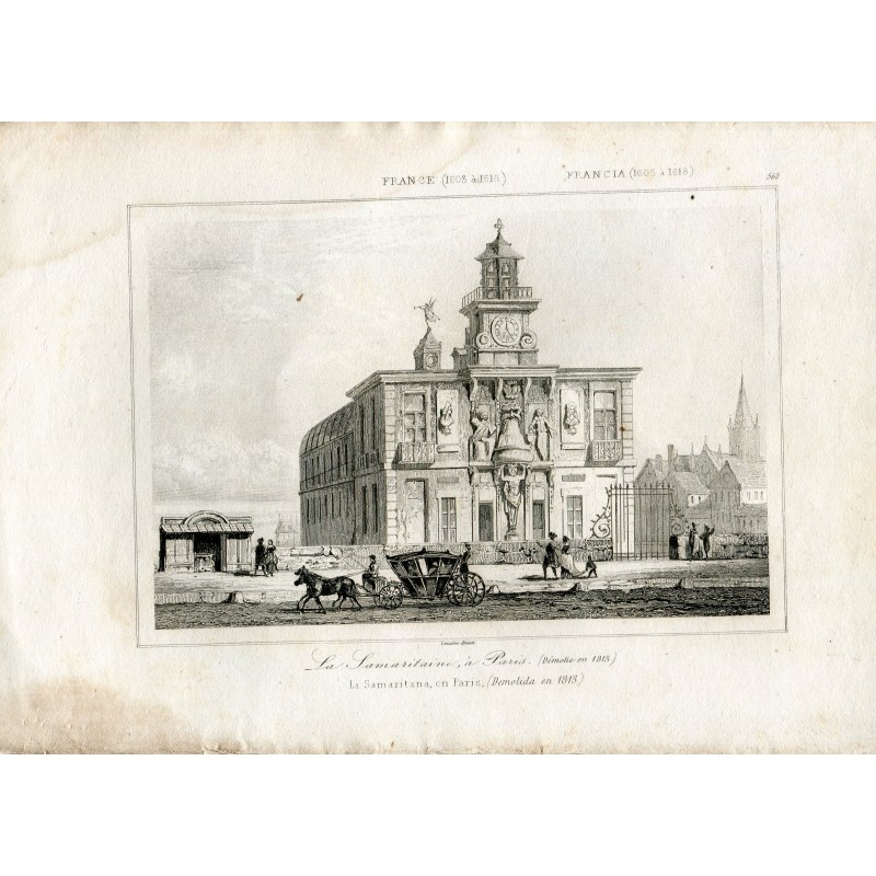 Francia. La Samarataine a Parigi. Incisione di Lemaitre, 1845
