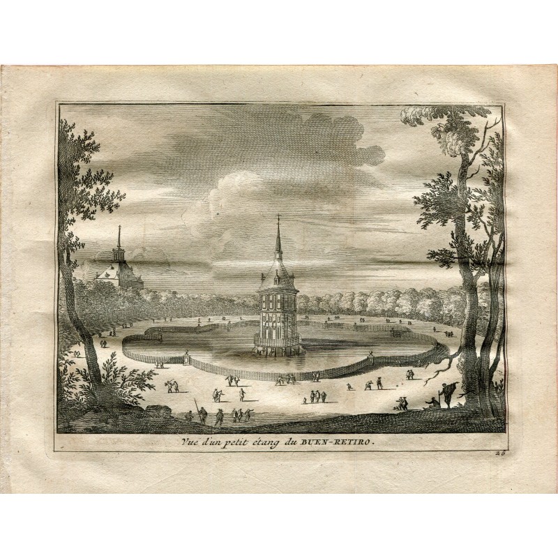 Madrid. Piccolo stagno nel Parco del Retiro. Incisione di Vander Aa. 1715