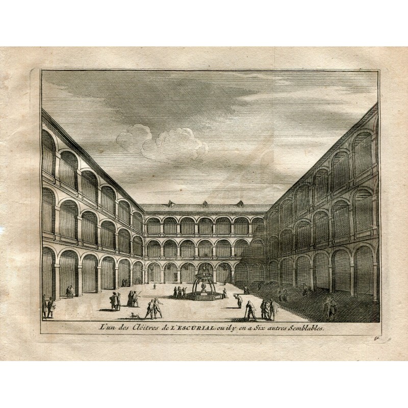Madrid. El Escorial. One of the cloisters of the Escorial. Engraving by Vander Aa. 1715
