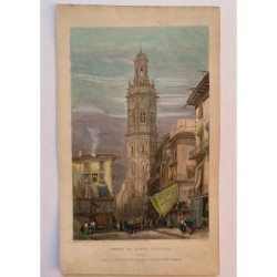 Tour de Santa Catalina, Valence - Gravure ancienne originale du XIXe siècle