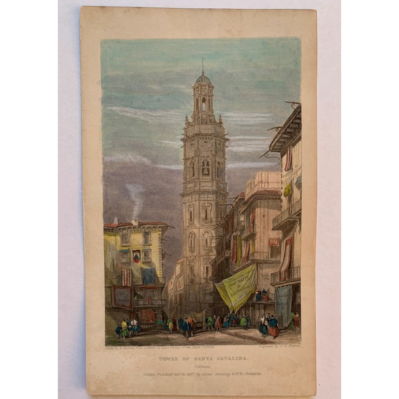 Tour de Santa Catalina, Valence - Gravure ancienne originale du XIXe siècle