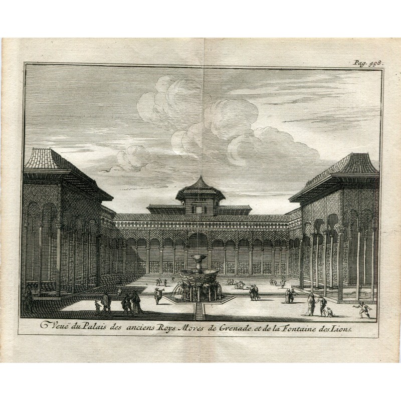 Granada. Palacio de los ancianos reyes moros de Granada y fuente de los Leones. Grabado por Vander Aa. 1715
