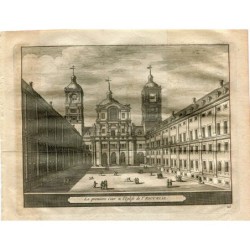 Madrid. Escurial. La première cour de l'église de l'Escurial. Gravure de Vander Aa. 1715.