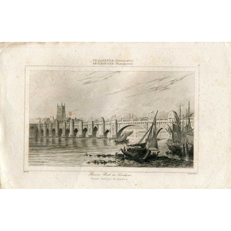 England. London. Old London Bridge. Engraving by Lemaitre in 1845.