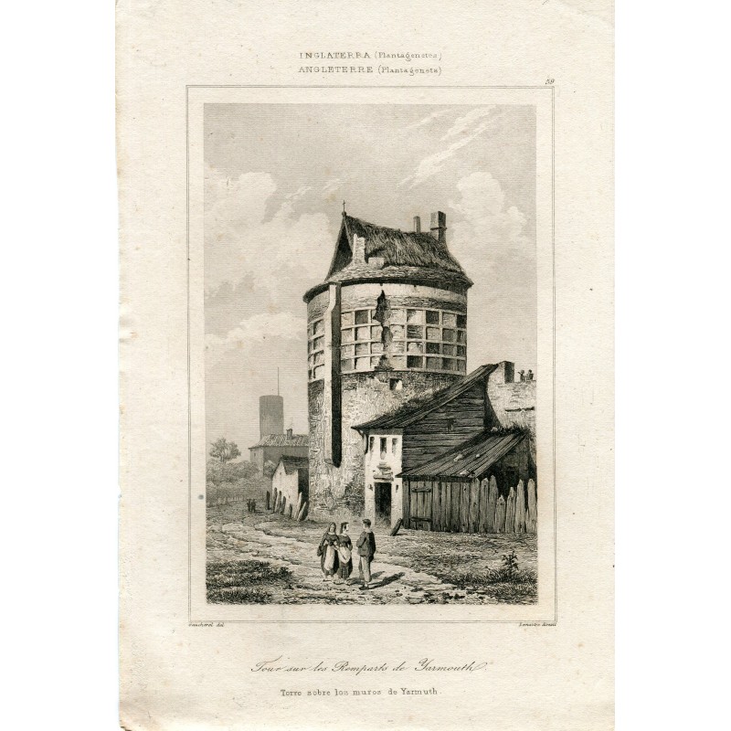 England. Turm über den Mauern von Yarmouth. Kupferstich von Lemaître nach einer Zeichnung von Gaucherel. 1845