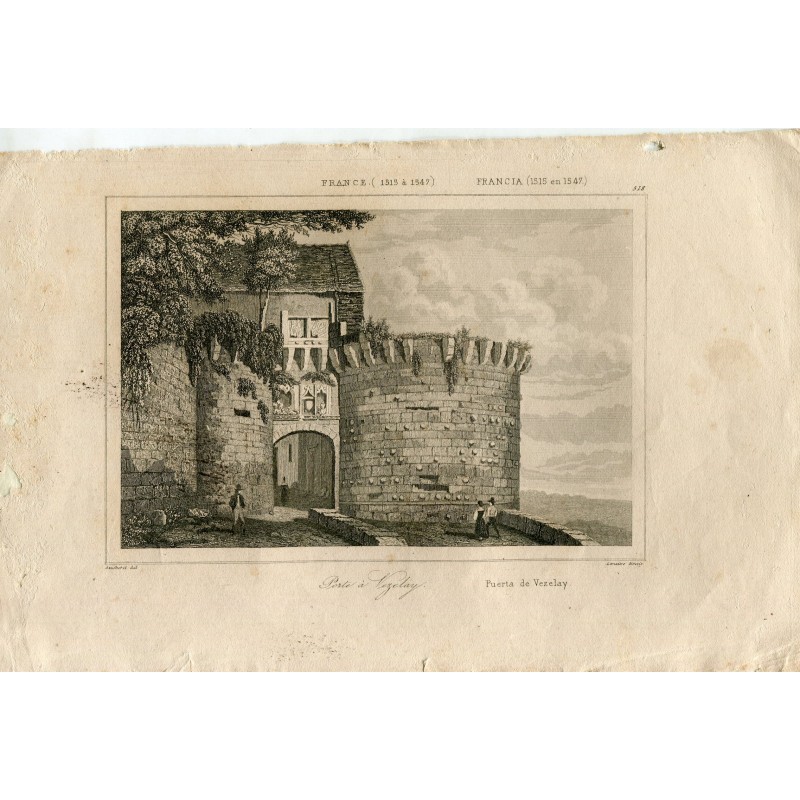 France. Gate to Vezelay. Engraving by Lemaitre