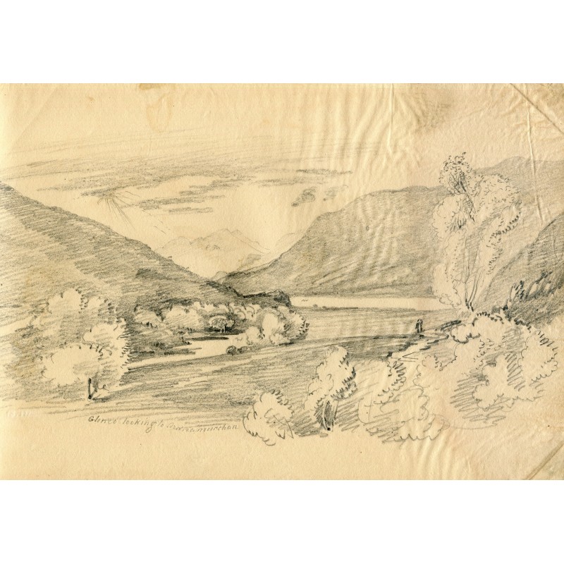 Écosse. Paysage. Dessin du XIXe siècle avec une description illisible du lieu.