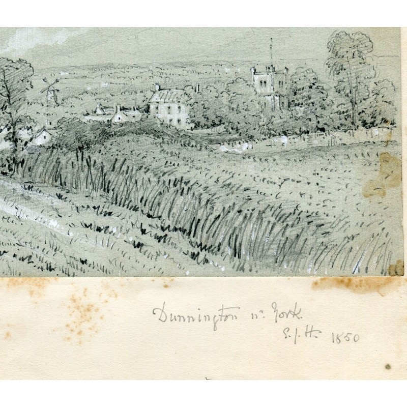 Paisaje. Dibujo de la escuela inglesa del siglo XIX. Firmado E.J. Hill y fechado en 1850.