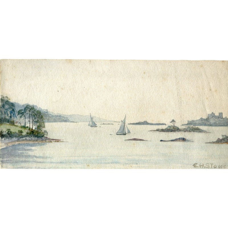 Marina con barcos. Acuarela inglesa siglo XIX.