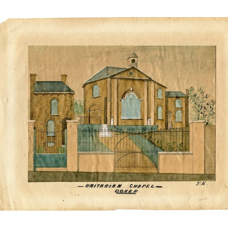 Unitarian Chapel, Dover, English School watercolour signed with initials TK