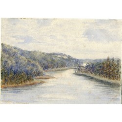 Paysage fluvial. Aquarelle de l'école anglaise du XIXe siècle. Signée et titrée de manière illisible.