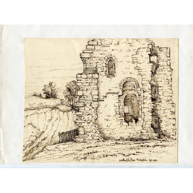 Peveril Castle or Castle of the Peak Derbyshire drawing made in 1850