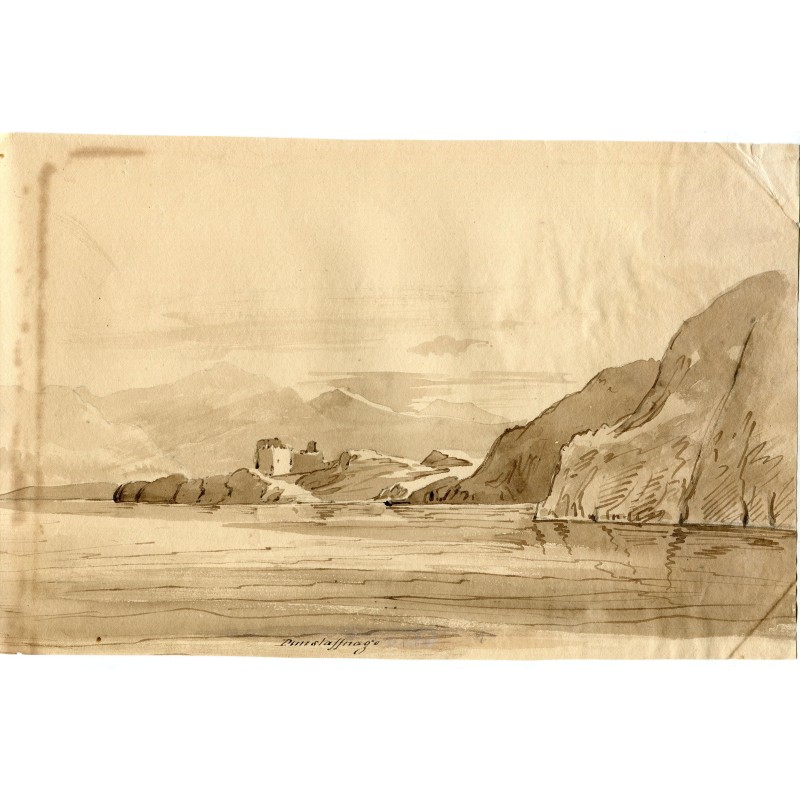 Écosse. Château de Dunstaffnage. Aquarelle de Dunstaffnage. Titrée.