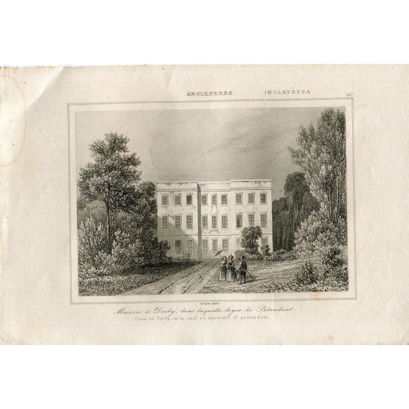 England. „Maison a Derby dans laquelle Logea le Pretendant“, gestochen von Lemaitre im Jahr 1875
