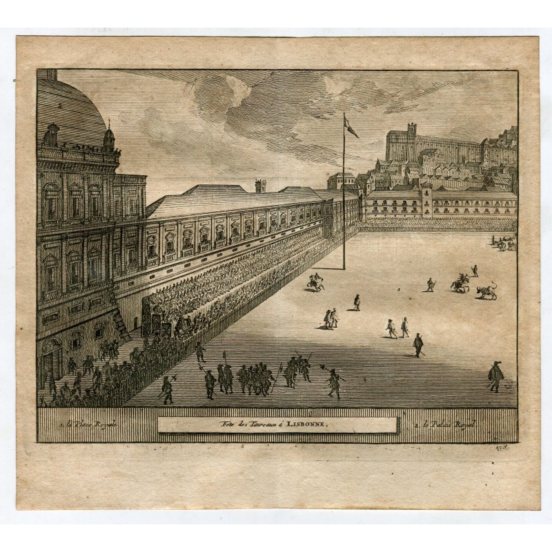 DUPLICADO Corrida a Lisbona (Portogallo) - Antica incisione su acciaio - Pieter Van der Aa (Alvarez de Comenar). 1715.