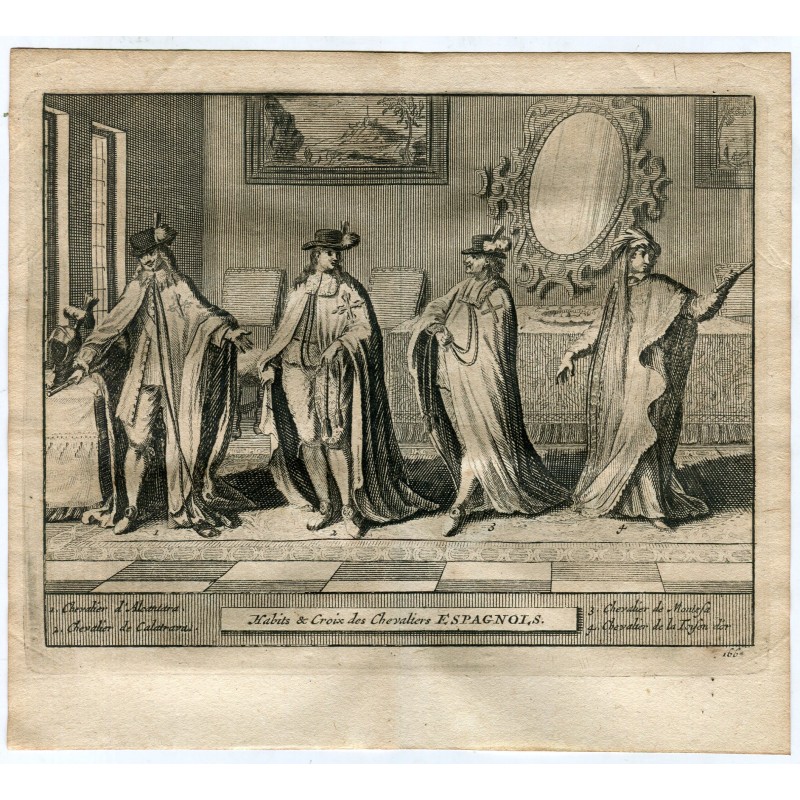 Habits& Croix des Chevaliers Espagnols.  Grabado por Van der Aa (Alvarez de Colmenar) en 1715