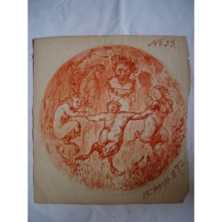 Jeunes satyres chantant et dansant autour d'un buste de satyre - dessin à la sanguine de 1873