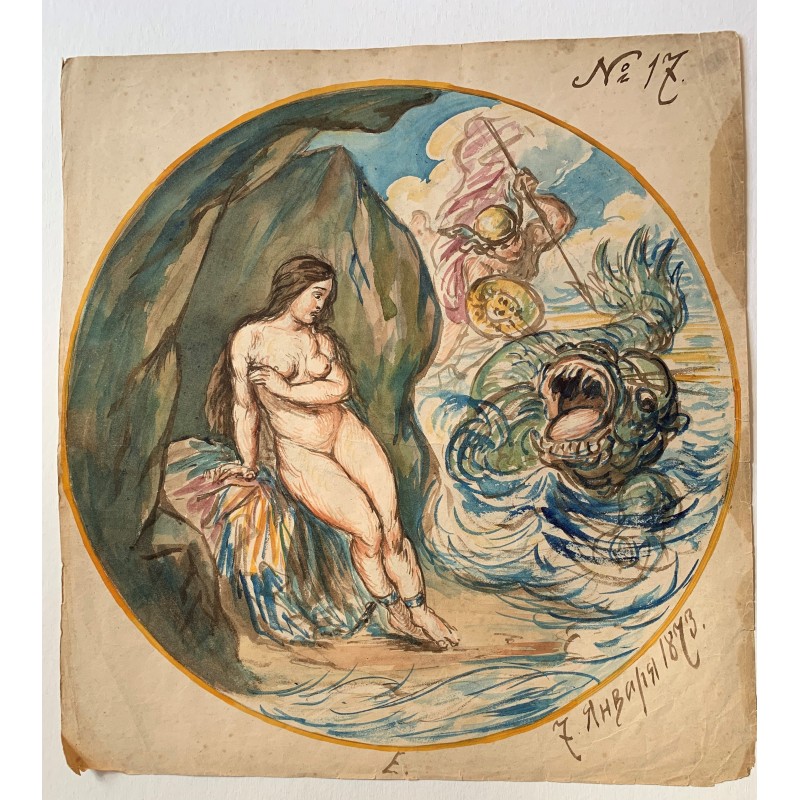 Anfititre (Salacia) und der von Poseidon (Neptuno) gesandte Delphin - Aquarell von 1873