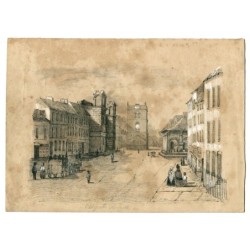 Torre dell'orologio di Morpeth nella piazza del mercato - disegno del XIX secolo