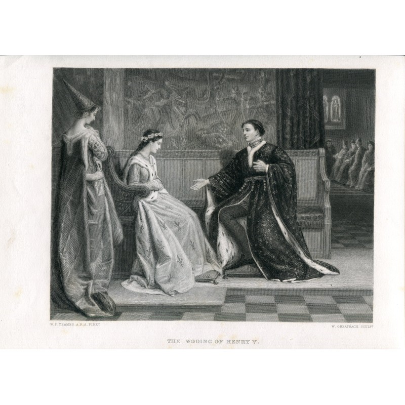 Shakespeare - Heinrich V. von England wirbt um Katharina von Valois - Antike Gravur