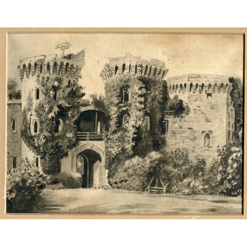 Castello di Raglan, Inghilterra. Acquerello inglese del XIX secolo. Anonimo.