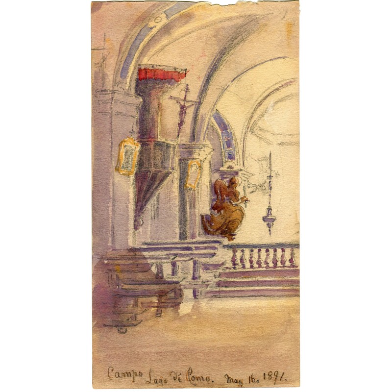 Church interior. Lake Como. Titled, signed, and dated 1891