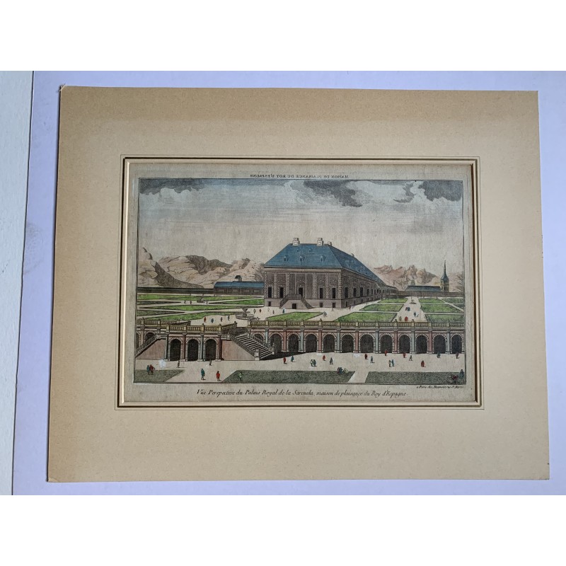 Optical view of the Zarzuela Palace - Original antique engraving c. 1760