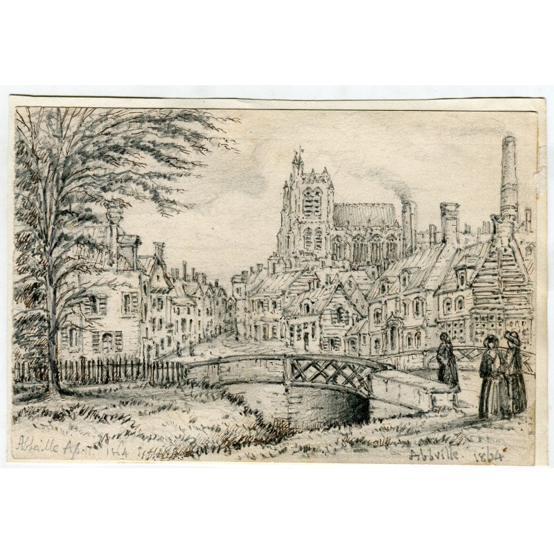 Abbeville und die Stiftskirche Saint-Vulfran, Frankreich - Zeichnung datiert 1864